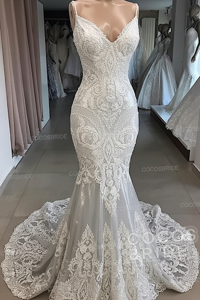 Elegant Long Sweetheart Open Back Appliques Lace Tulle Mermaid Wedding Dress