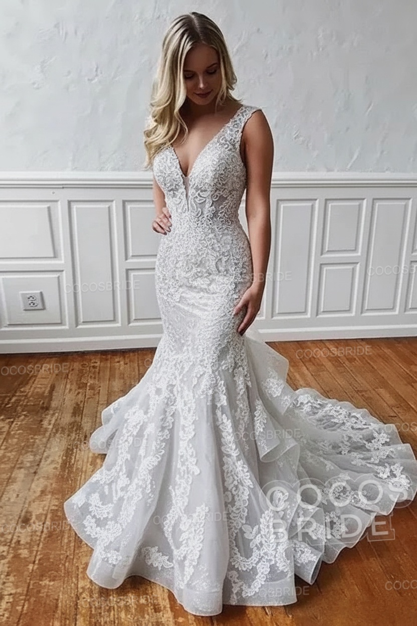 Long V Neck Sleeveless Backless Covered Button Mermaid Wedding Dresses