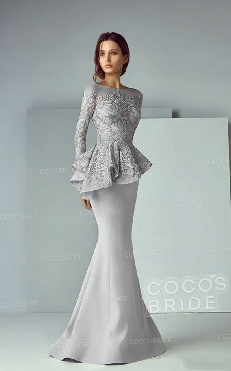 Modest Long Mermaid Lace Satin Formal Prom Dresses with Sleeves