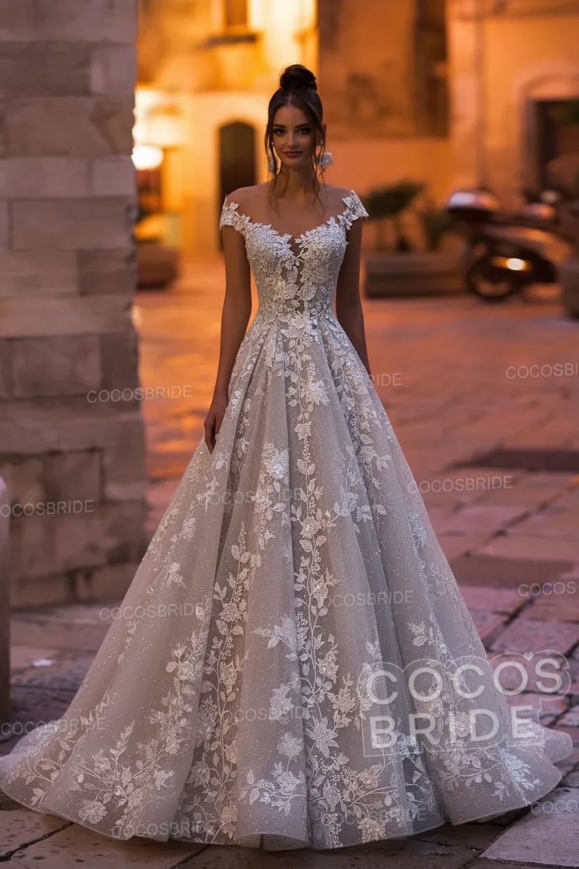Elegant A-Line Bateau Appliques Lace Backless Floor Length Sequins Wedding Dress