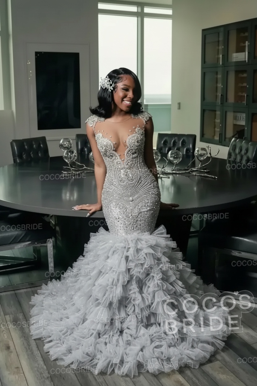 Elegant Long Mermaid Deep V-neck Ruffles Beaded Prom Dress