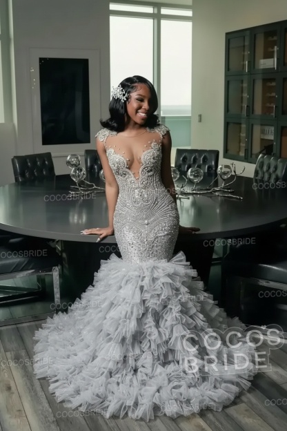 Elegant Long Mermaid Deep V-neck Ruffles Beaded Prom Dress