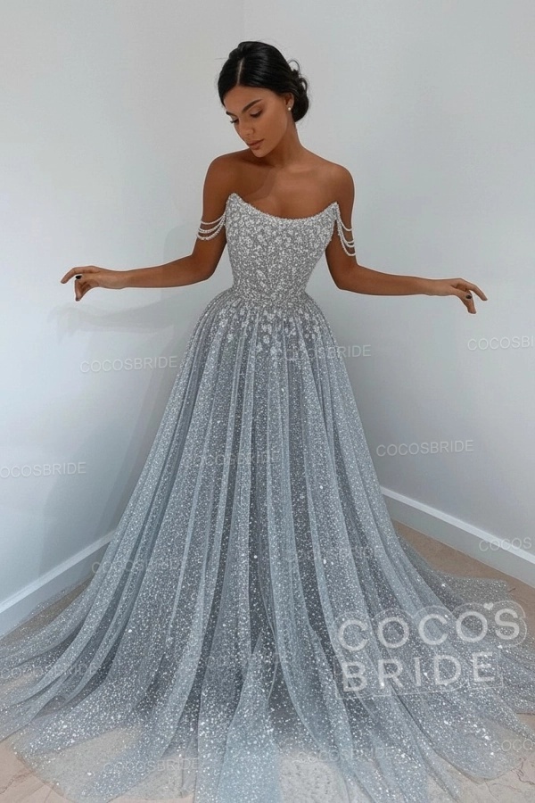 Long A-line Sparkly Sleeveless Sequined Formal Prom Dress