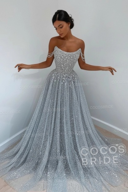 Long A-line Sparkly Sleeveless Sequined Formal Prom Dress