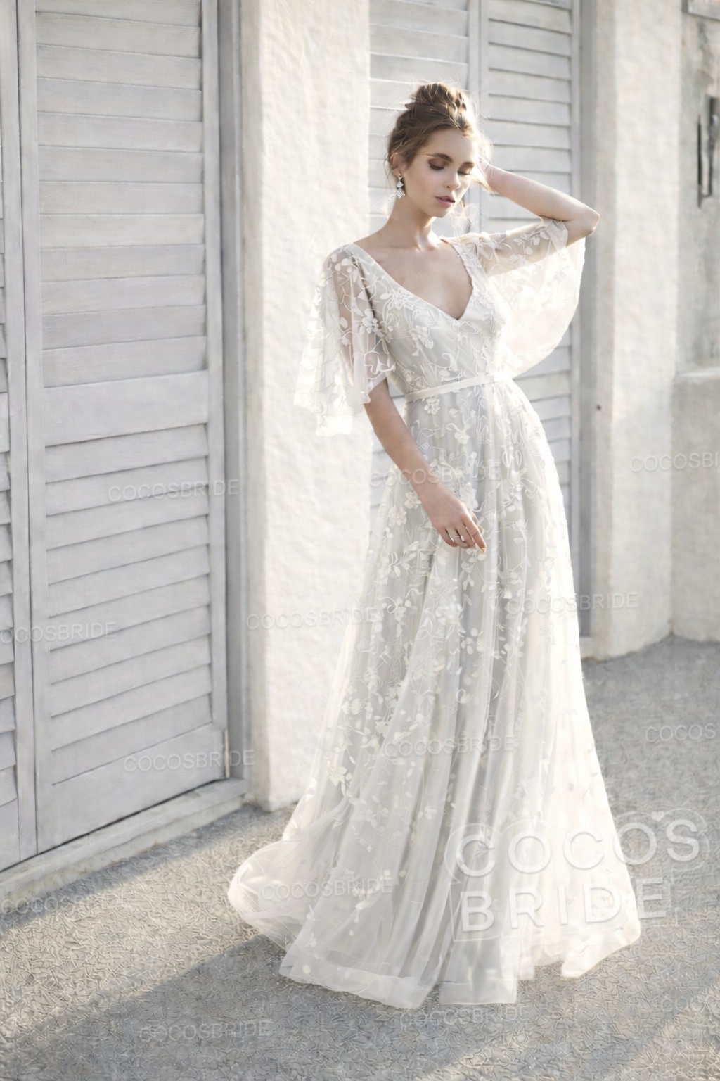 Long A-line V Neck Half Sleeves Lace Backless Boho Wedding Dresses