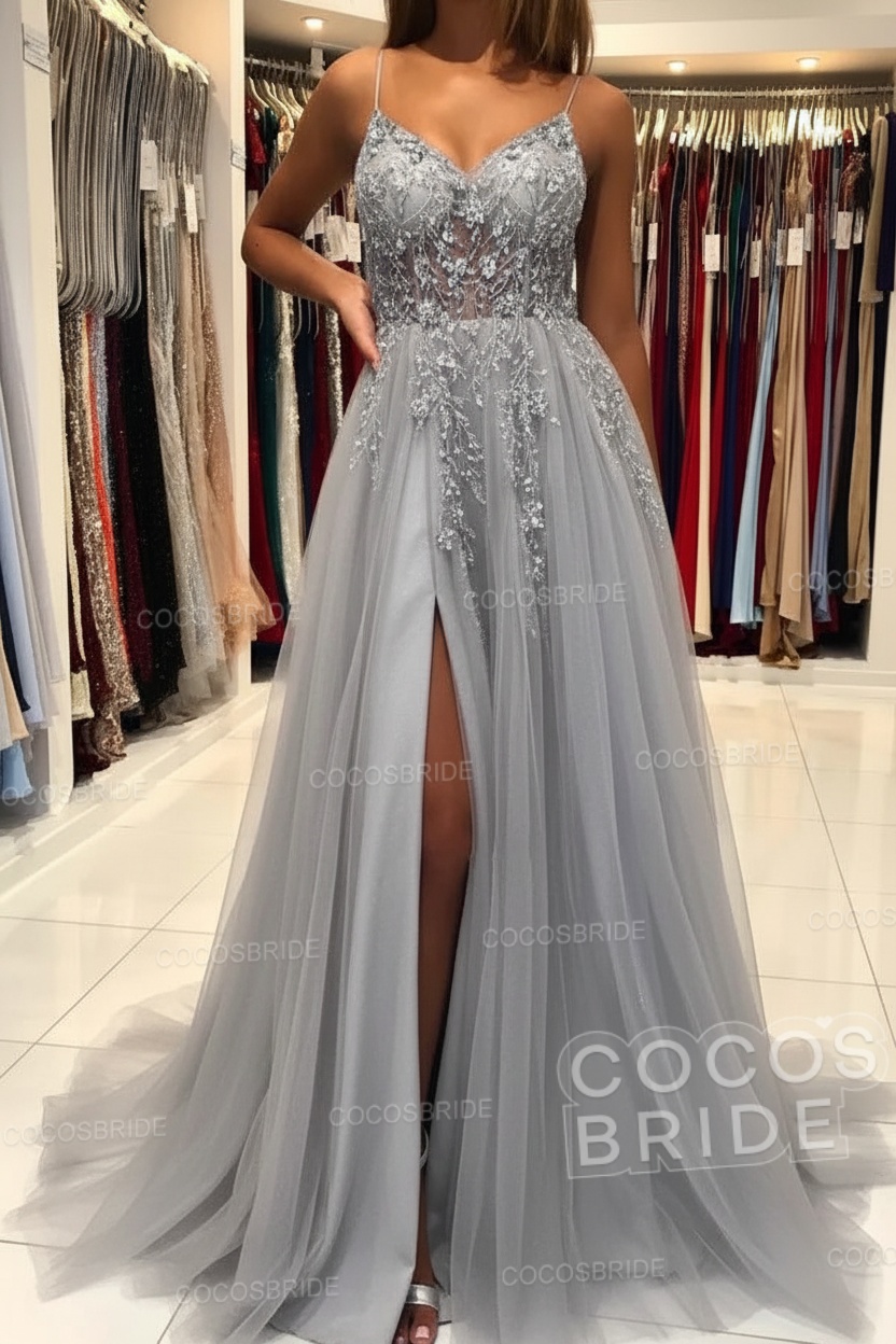 Long A-line V-neck Spaghetti Straps Open Back Prom Dress with Slit