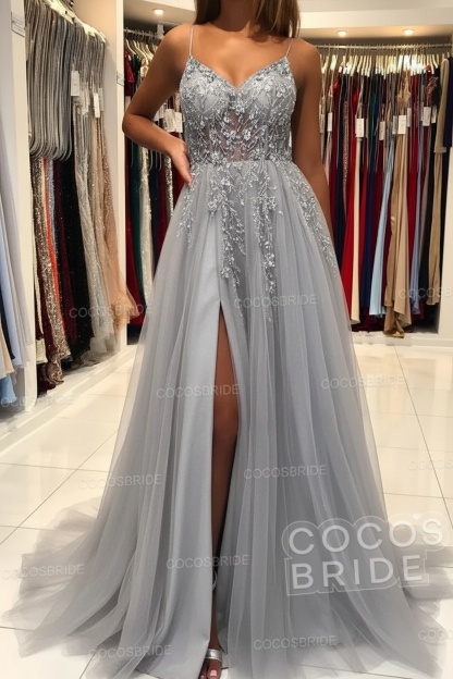 Long A-line V-neck Spaghetti Straps Open Back Prom Dress with Slit