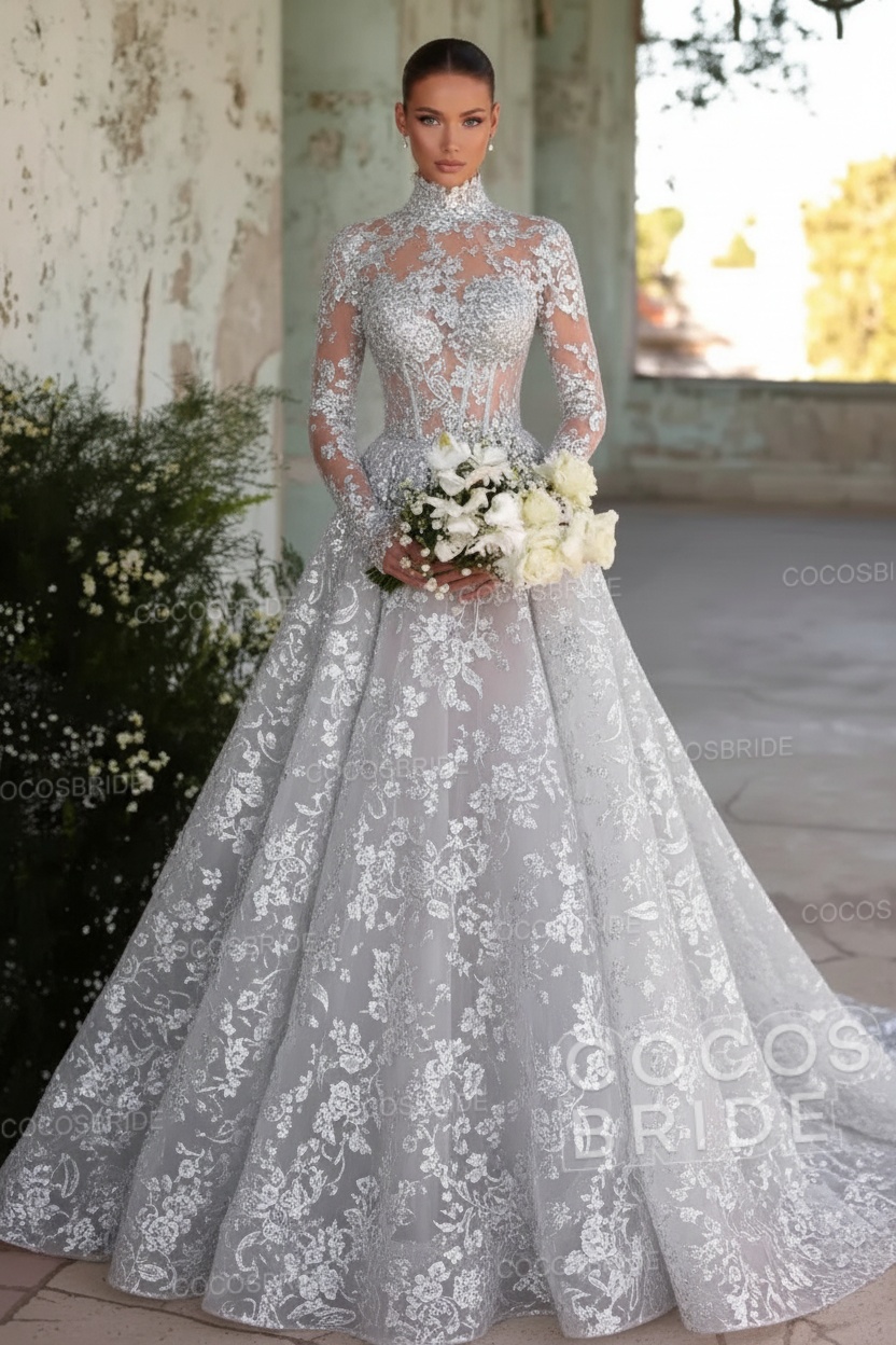 Long Sleeve High Neck A-Line Tulle Wedding Dress with Lace Applique