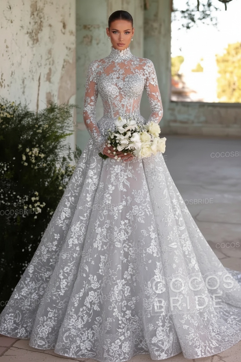 Long Sleeve High Neck A-Line Tulle Wedding Dress with Lace Applique