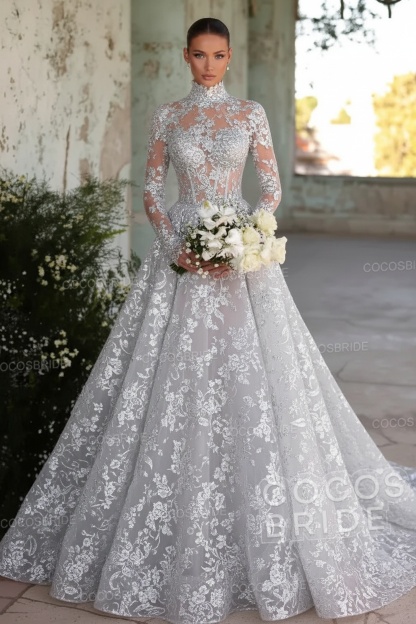 Long Sleeve High Neck A-Line Tulle Wedding Dress with Lace Applique
