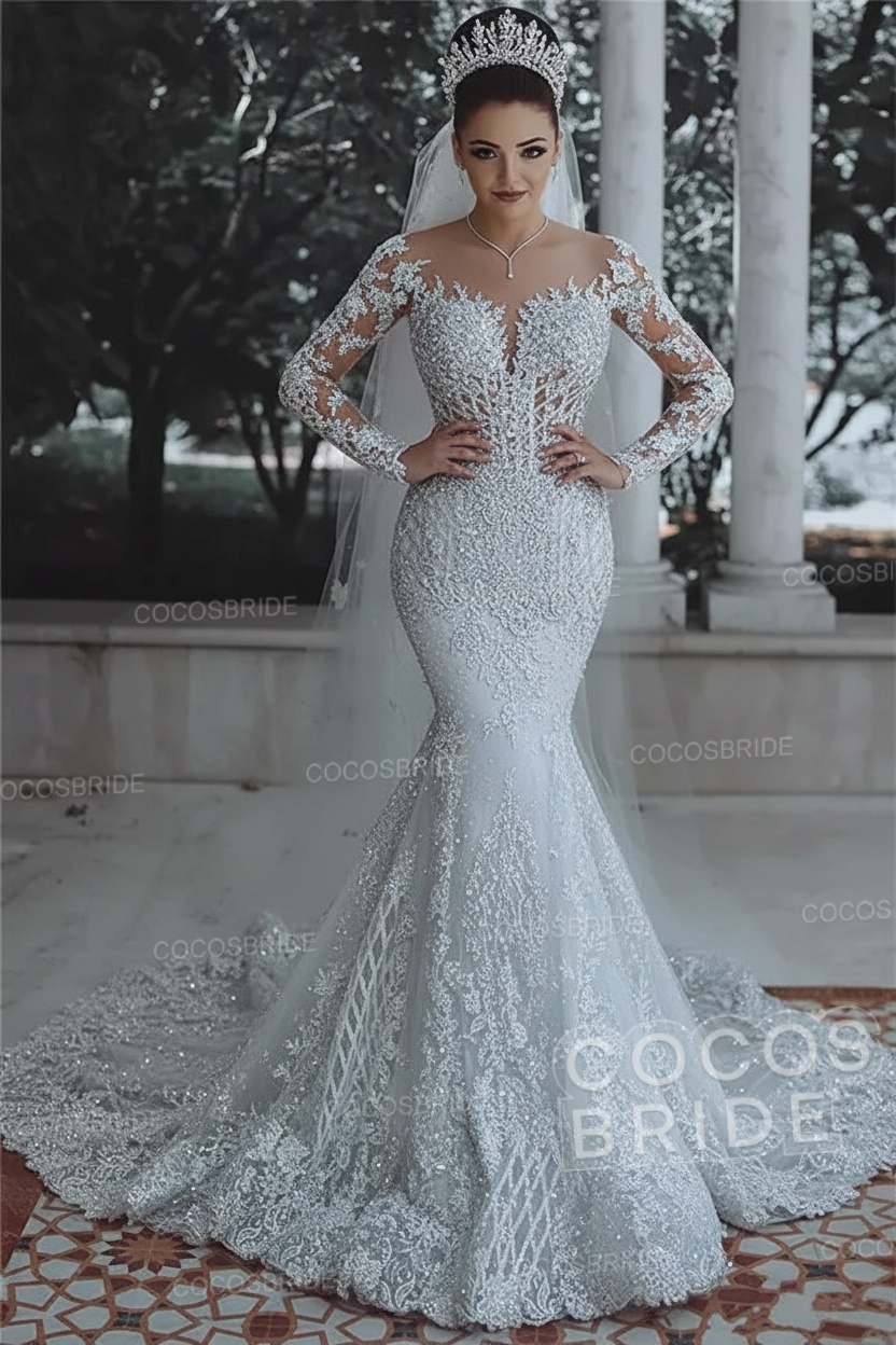 Luxury Long Beaded Lace Mermaid Sheer Tulle Wedding Dresses with Sleeves