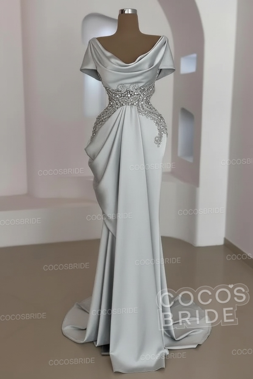 Mermaid Cowl Neck Satin Long Prom Dresses with Short Sleeves