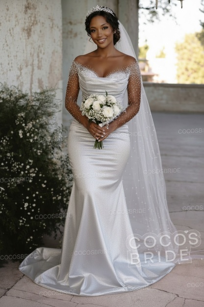 Off-the-Shoulder Long Mermaid Wedding Dresses with Beaded