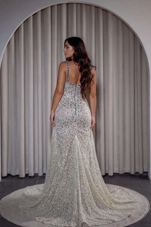 Long Spaghetti Straps Beaded Sequined Mermaid Formal Evening Dresses with Split