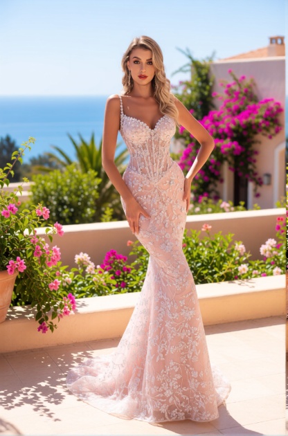 Spaghetti Straps Sweetheart Appliques Lace Mermaid Tulle Prom Dress with Beads