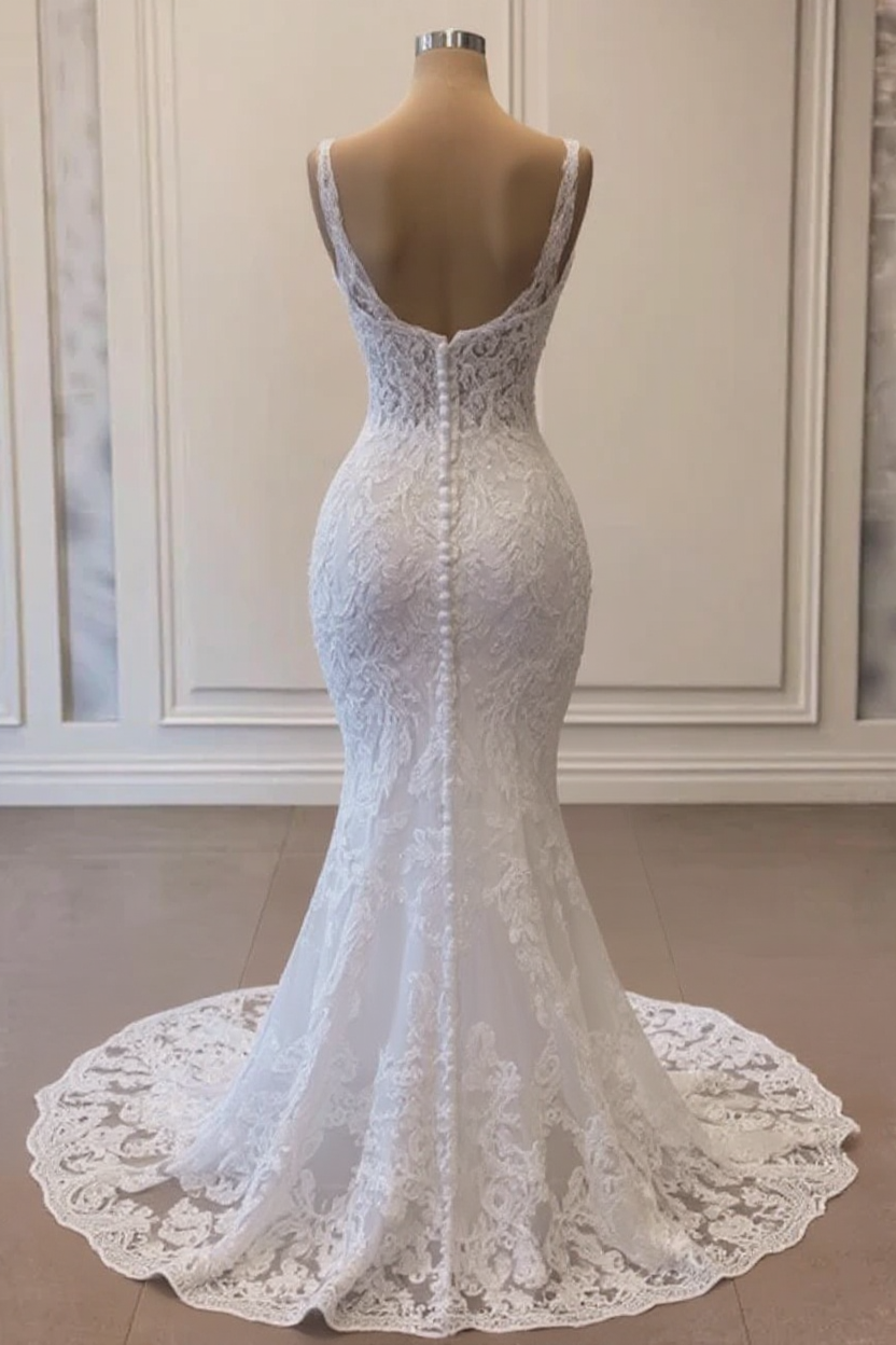 Spaghetti Straps Sweetheart Mermaid Lace Long White Wedding Dress