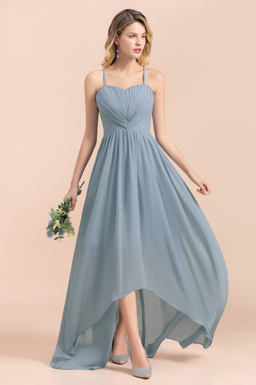 Spaghetti Straps Sweetheart Soft Chiffon High Low A-Line Bridesmaid Dress
