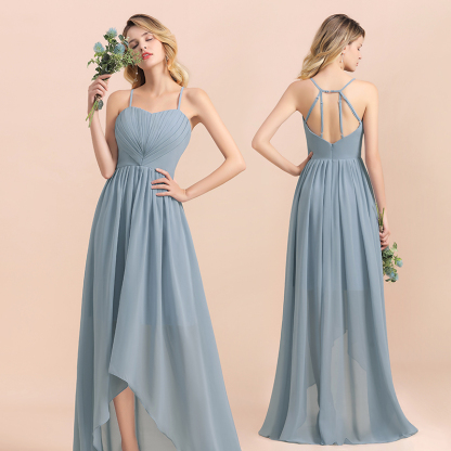 Spaghetti Straps Sweetheart Soft Chiffon High Low A-Line Bridesmaid Dress