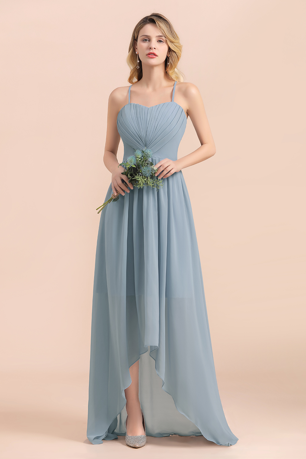 Spaghetti Straps Sweetheart Soft Chiffon High Low A-Line Bridesmaid Dress