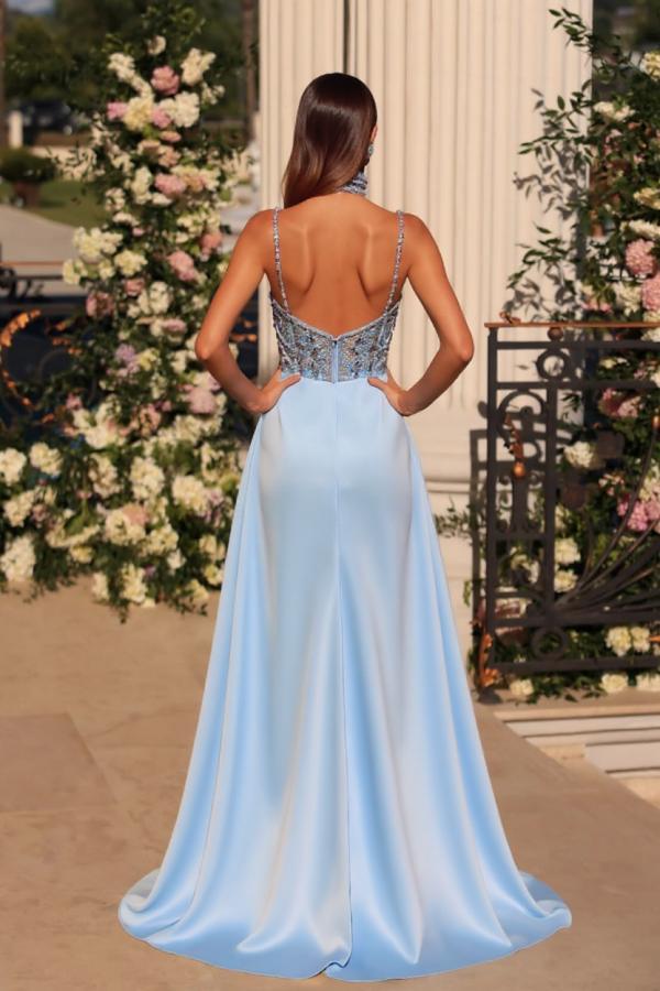 Spaghetti Straps V Neck Mermaid Draped Satined Long Prom Dress with Beadings