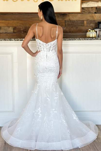 Spaghetti Straps V-Neck Tulle Lace Mermaid Long Wedding Dress