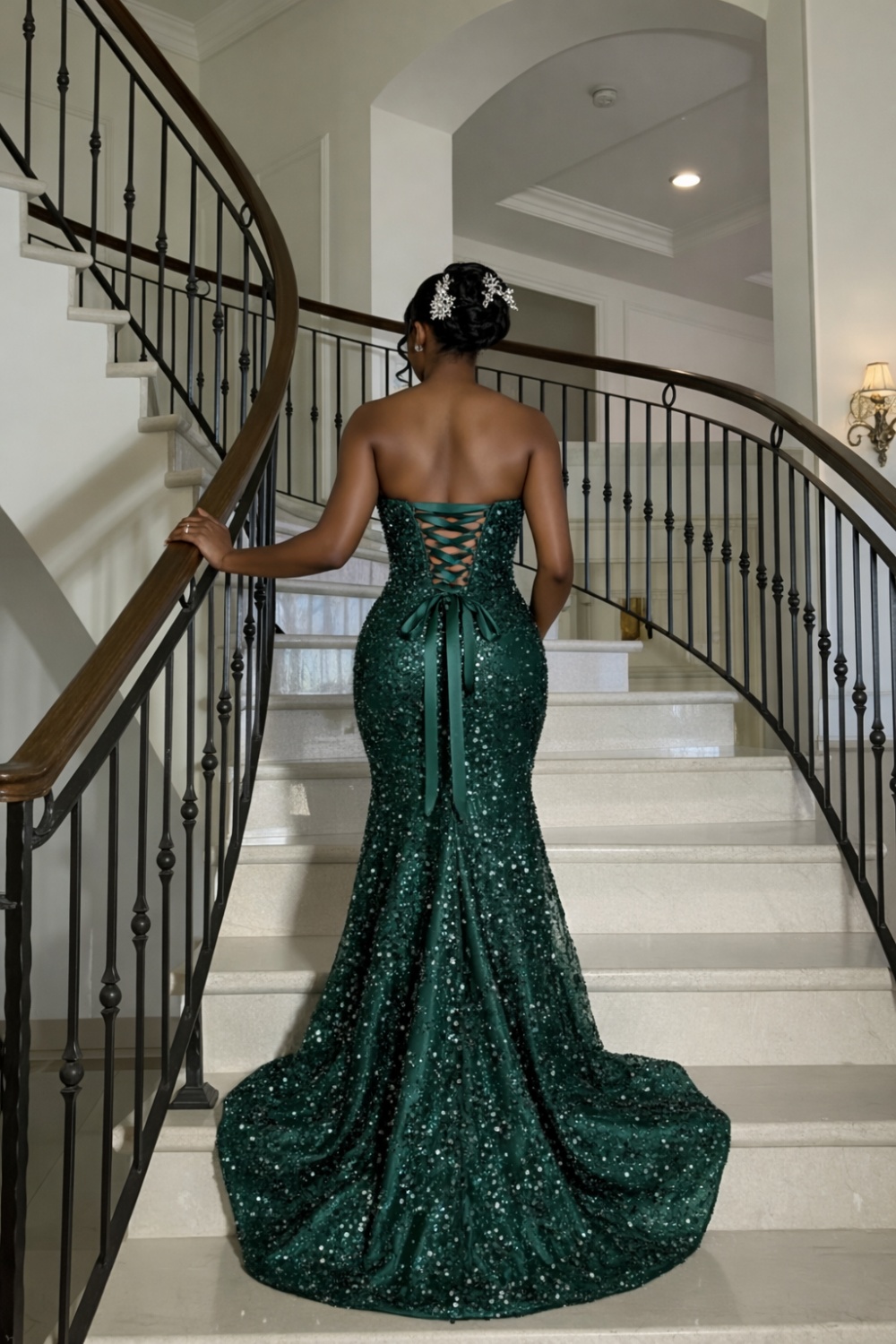 Spakly Strapless Long Mermaid Prom Dress with Beaded