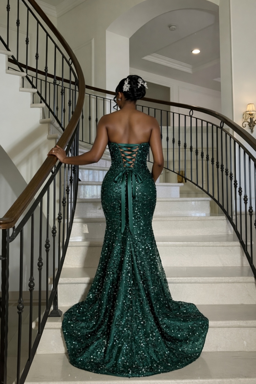 Spakly Strapless Long Mermaid Prom Dress with Beaded