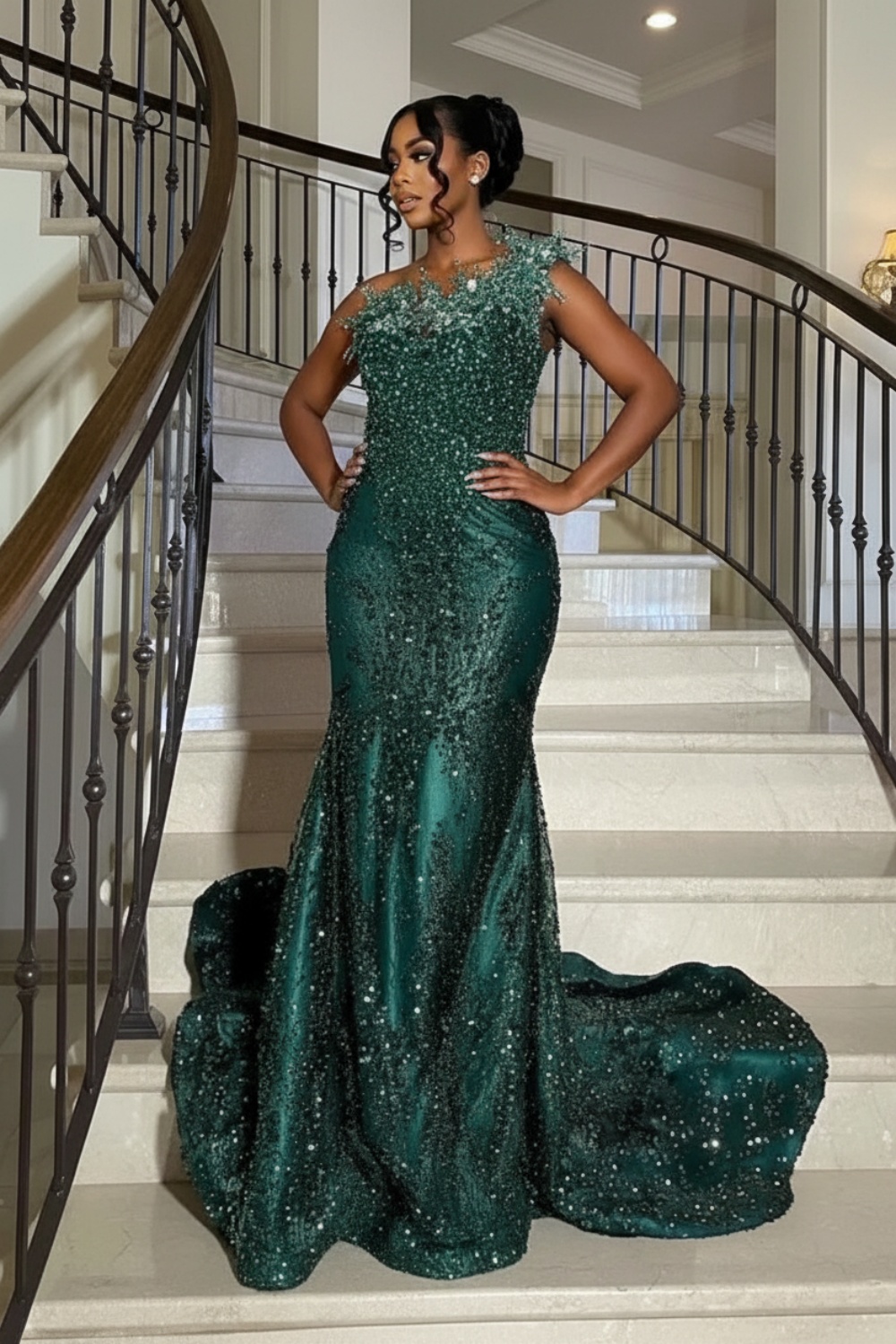 Spakly Strapless Long Mermaid Prom Dress with Beaded
