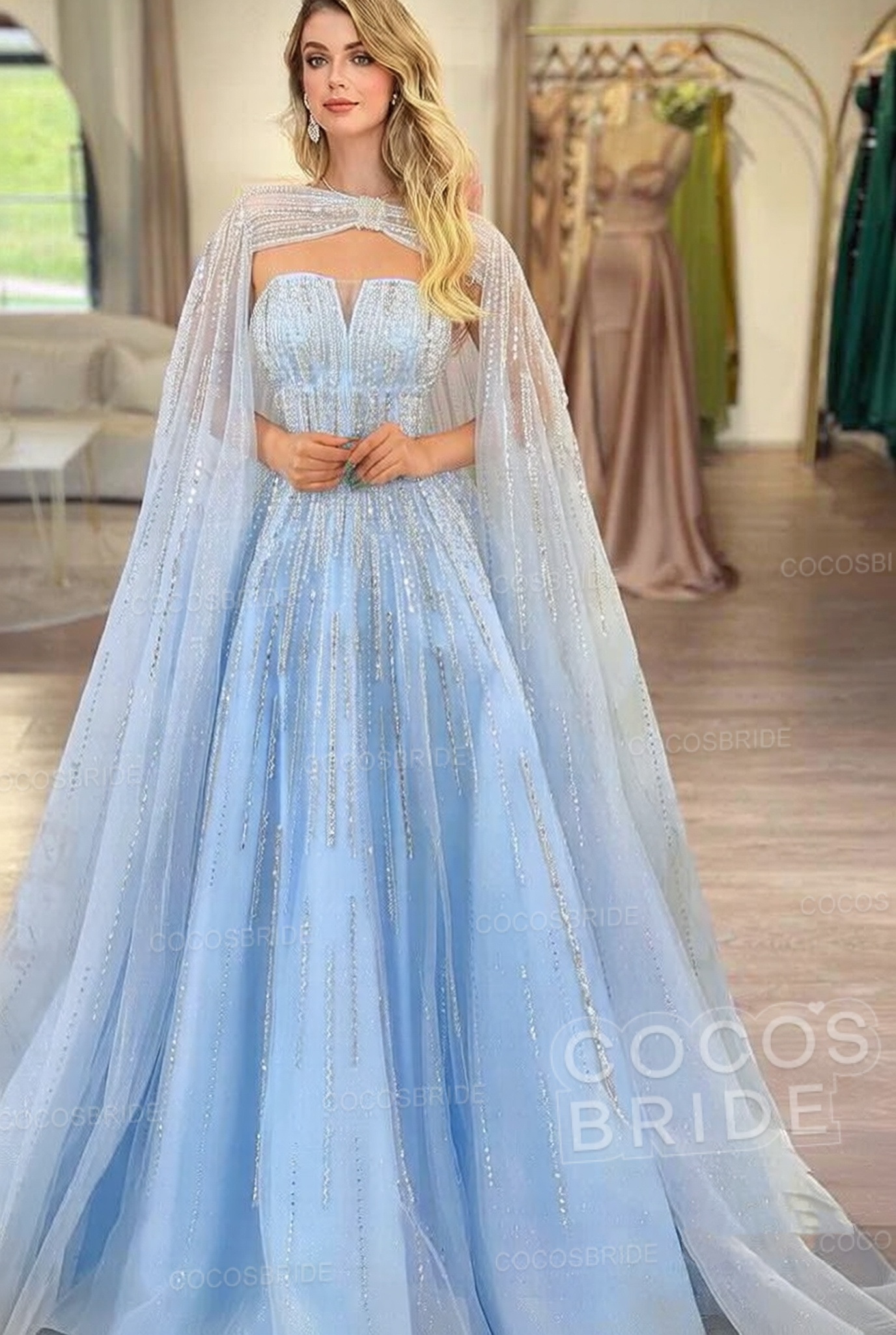 Sparkle Long Strapless Tulle A-Line Sequined Formal Evening Dresses