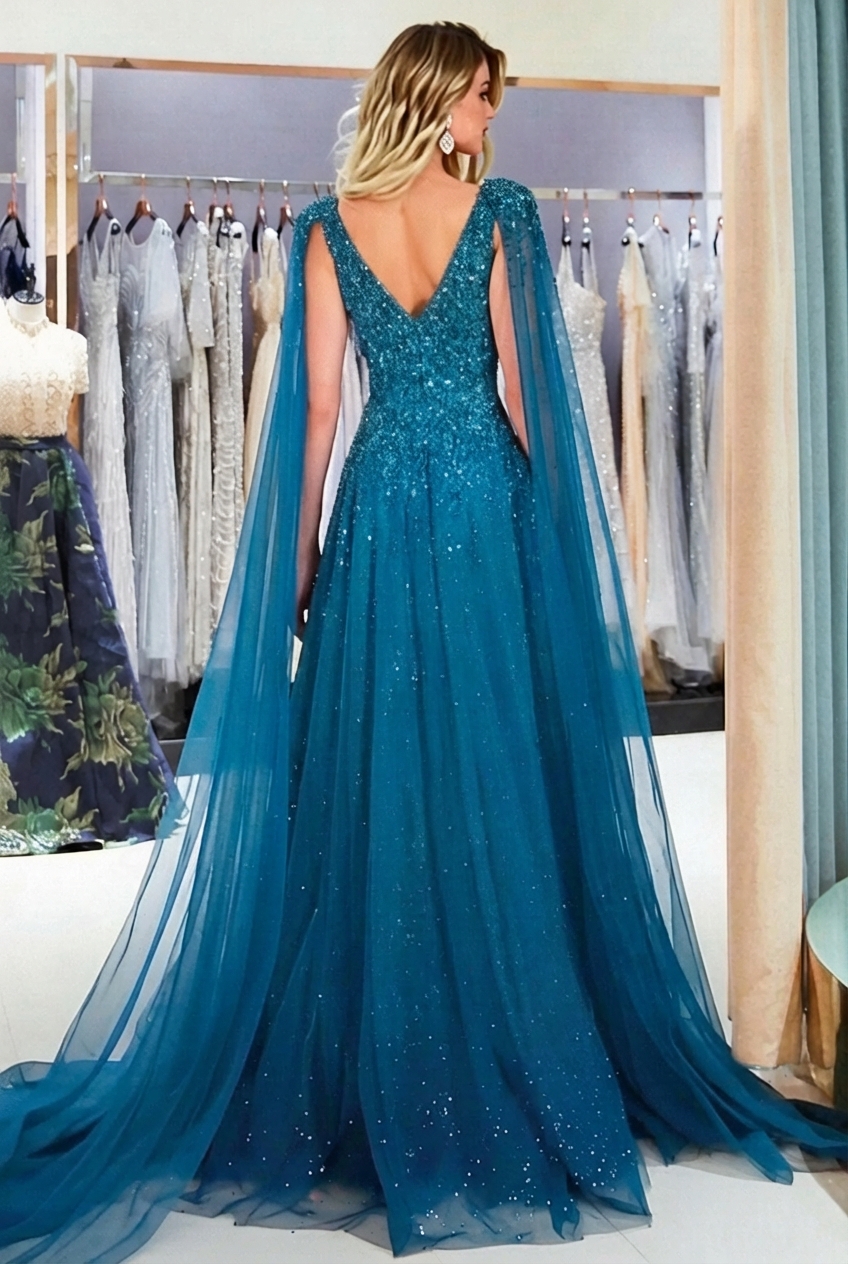 Sparkle Long Tulle V-Neck A-Line Formal Evening Dress with Beads