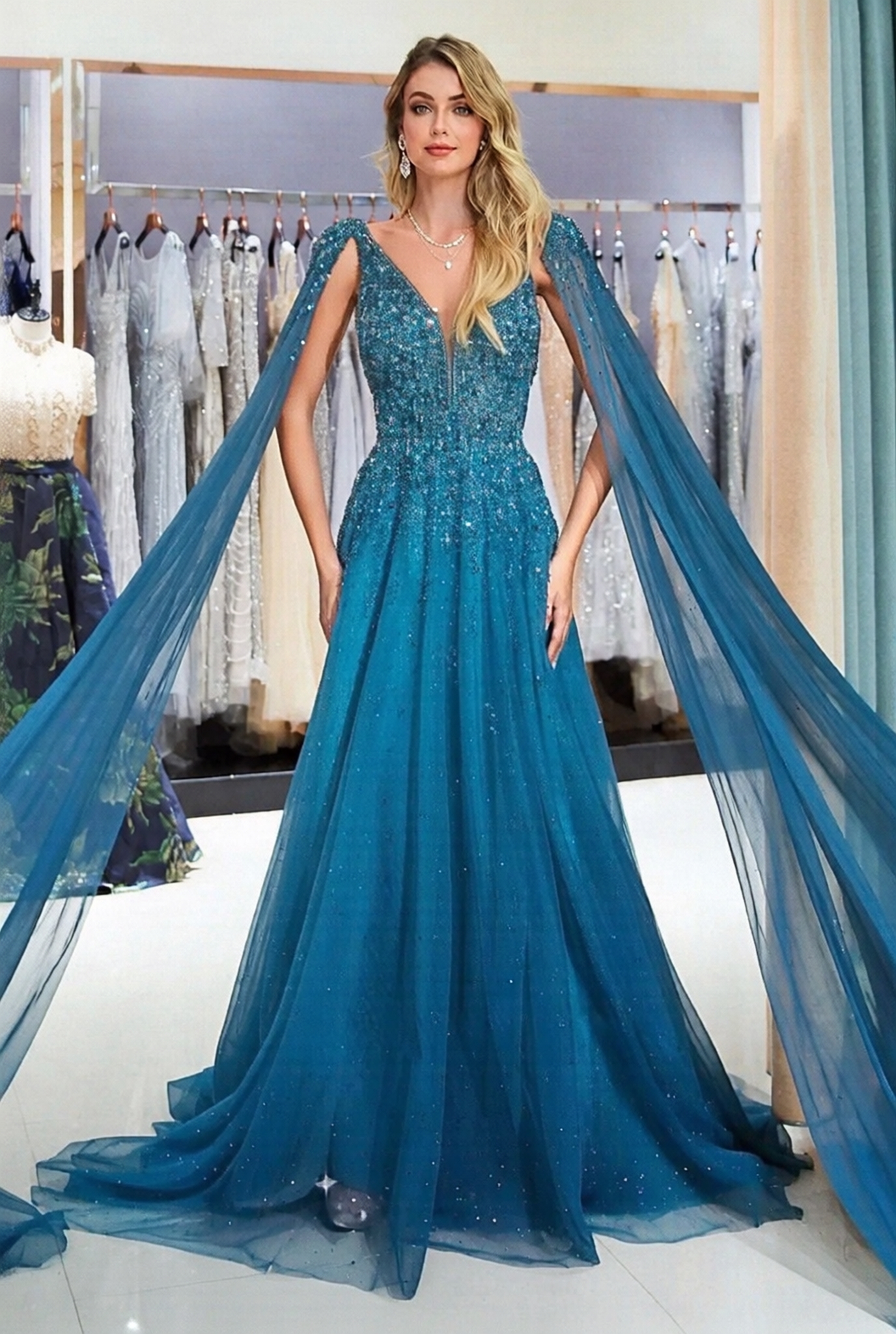 Sparkle Long Tulle V-Neck A-Line Formal Evening Dress with Beads