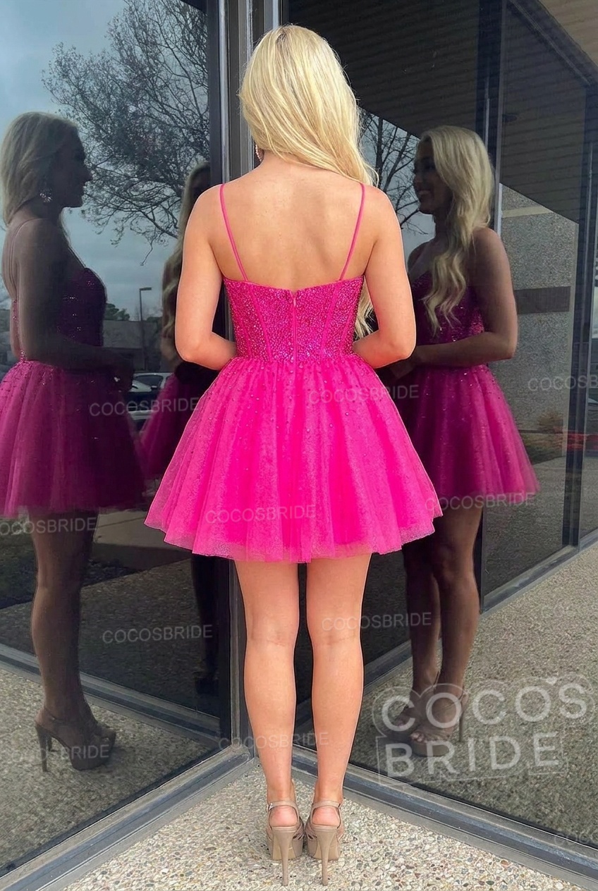 Sparkly Fuchsia Beaded A-Line Short Tulle Homecoming Dress
