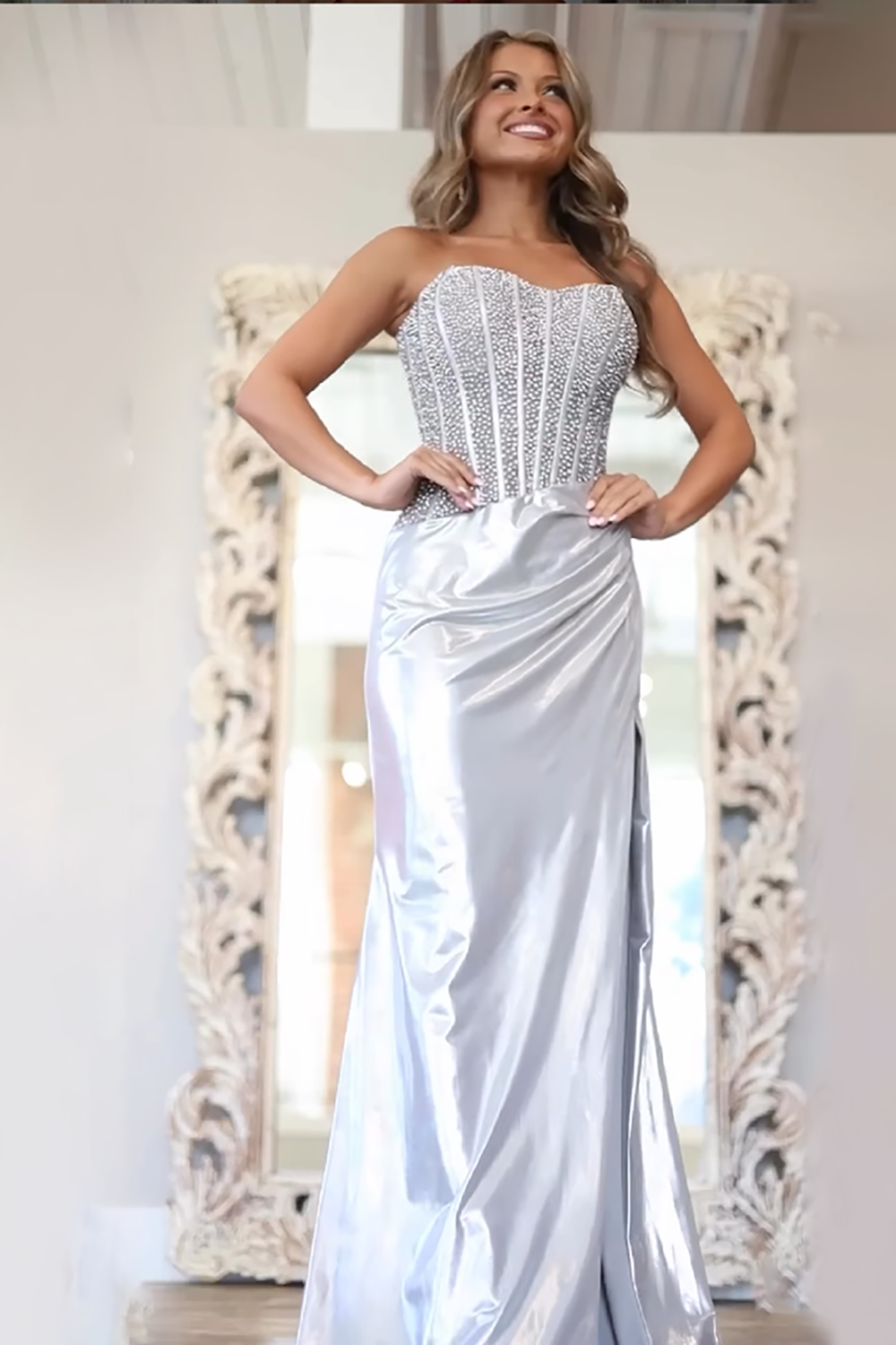 Sparkly Long Strapless Mermaid Beading Prom Dress with Slit
