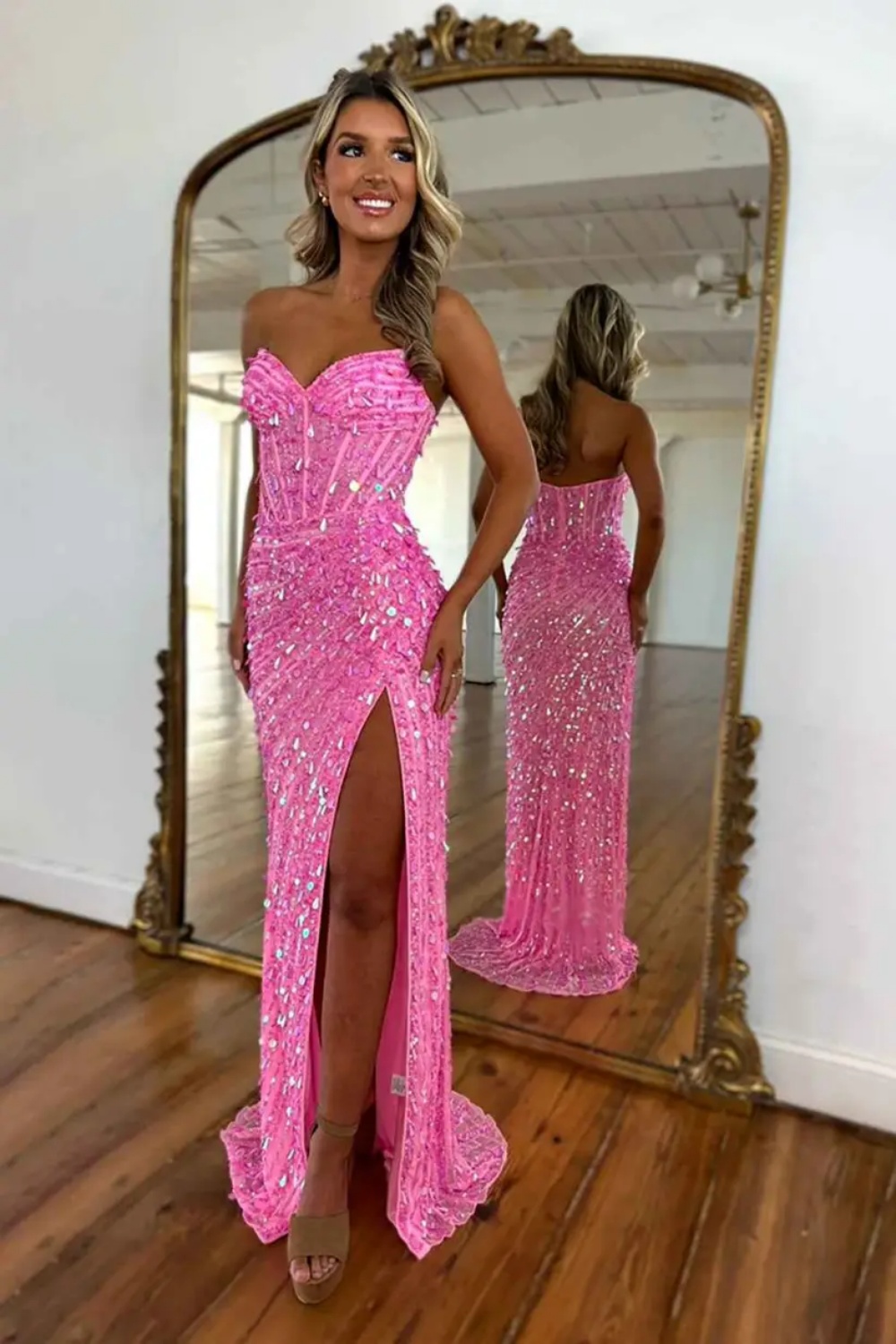Sparkly Gold Sweetheart Long Mermaid Sequined Prom Dress with Slit
