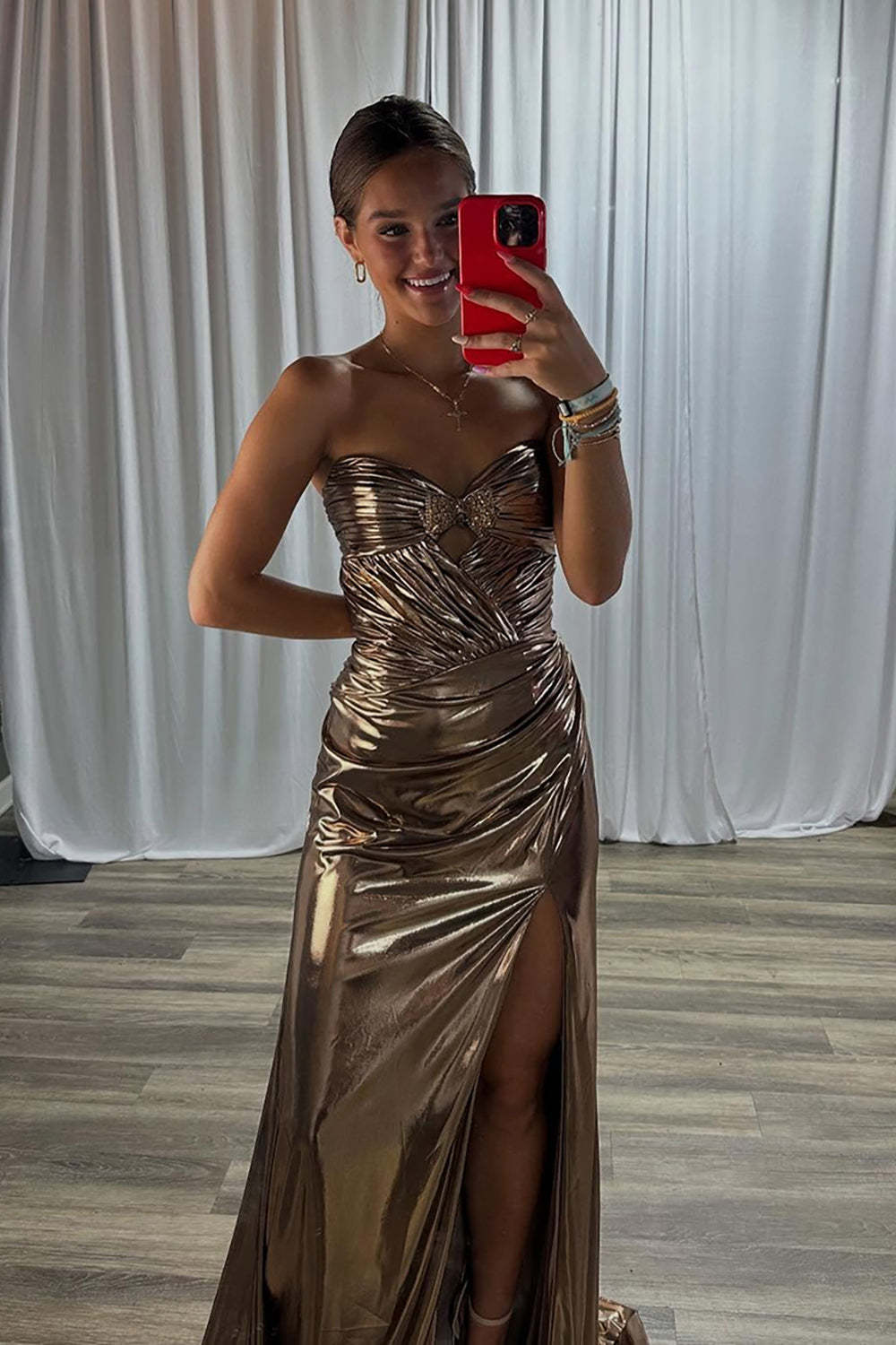 Gold Long Strapless Sweetheart Mermaid Prom Dress with Slit