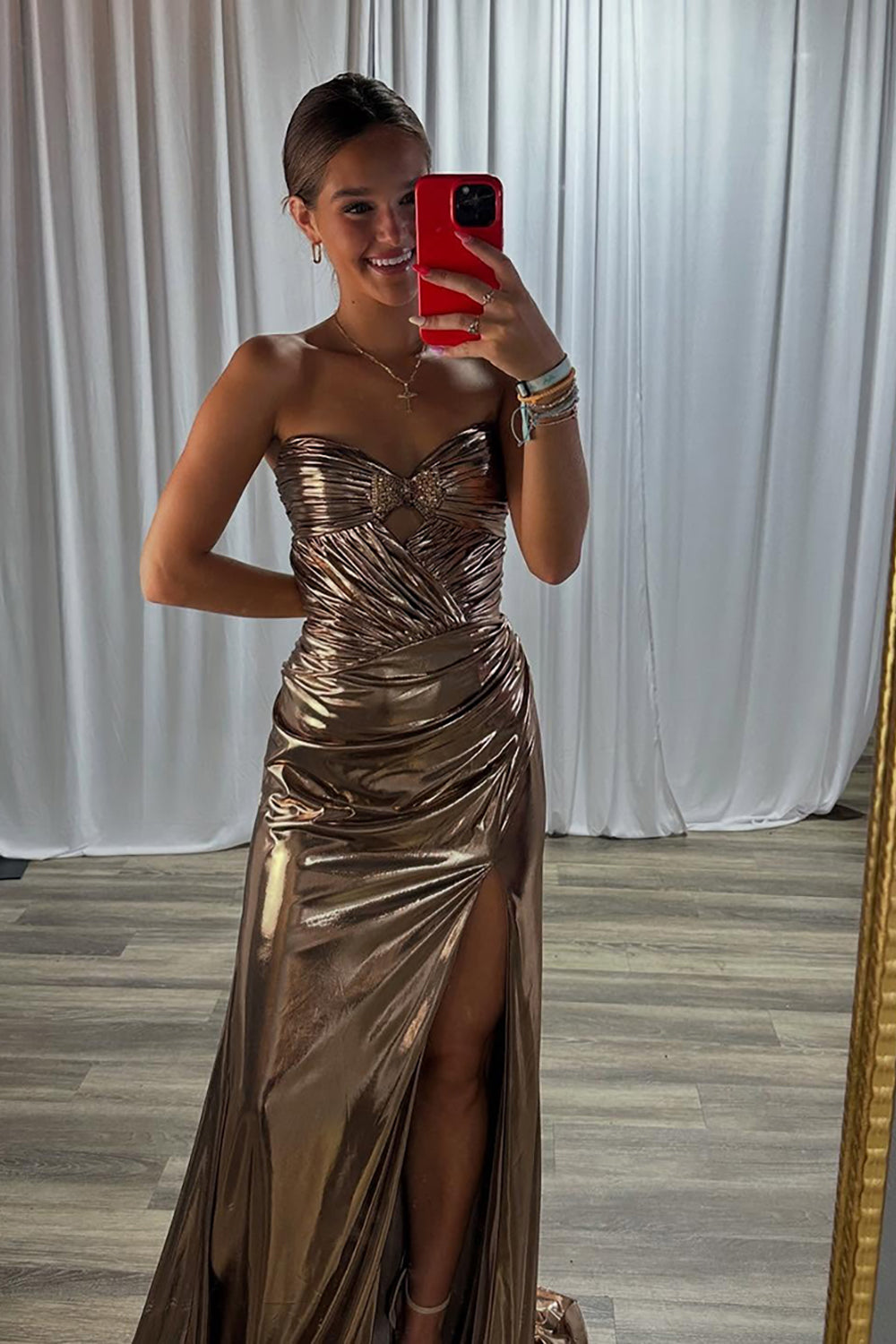 Gold Long Strapless Sweetheart Mermaid Prom Dress with Slit