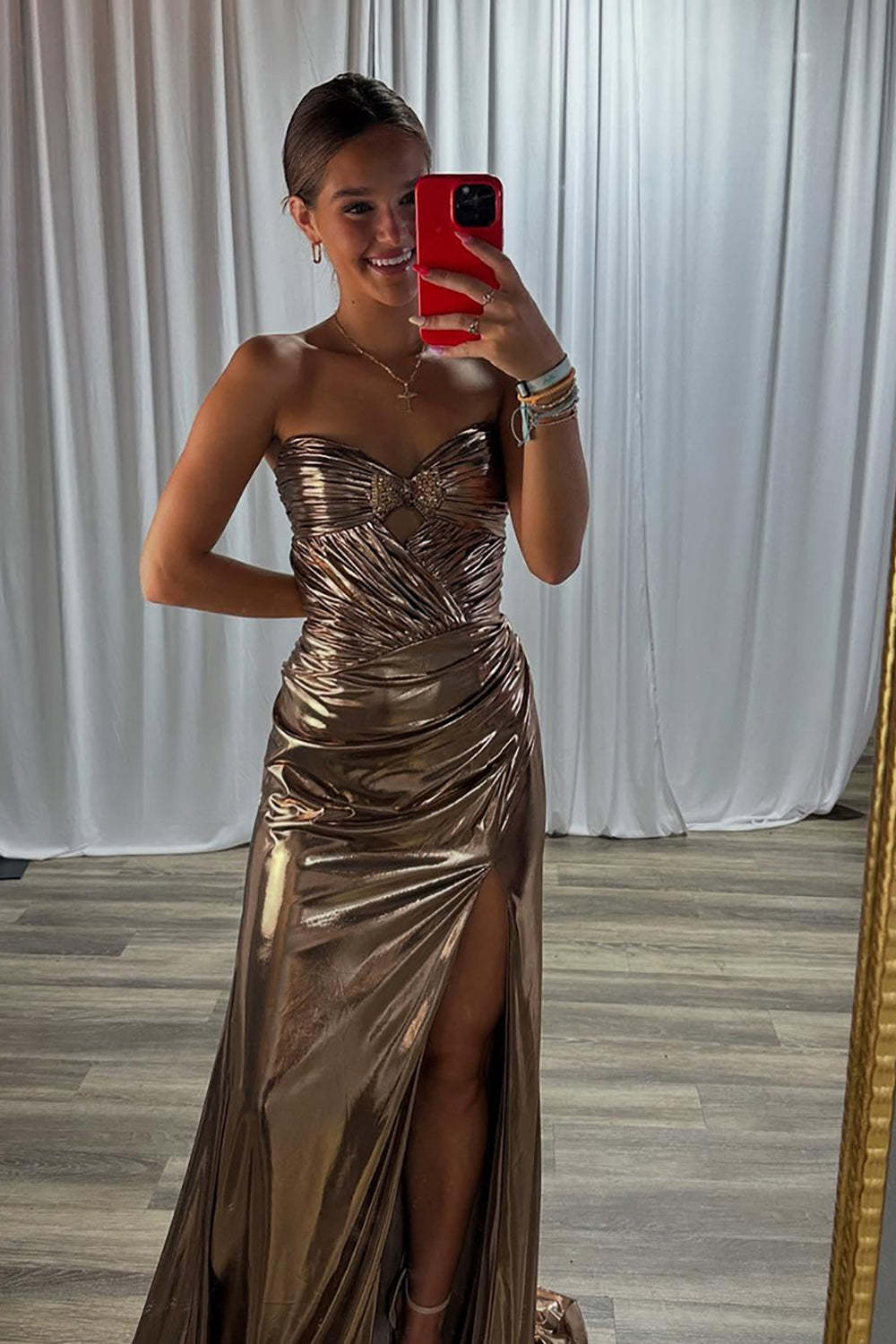 Gold Long Strapless Sweetheart Mermaid Prom Dress with Slit