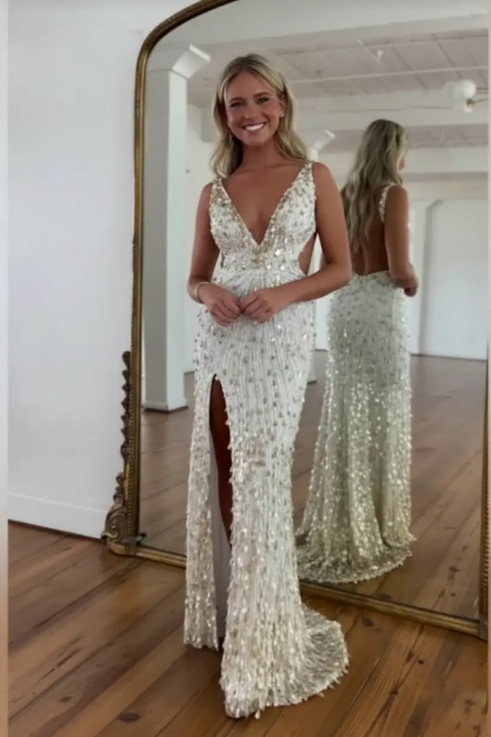 Sparkly Gold V-neck Long Mermaid Sequined Corset Prom Dress