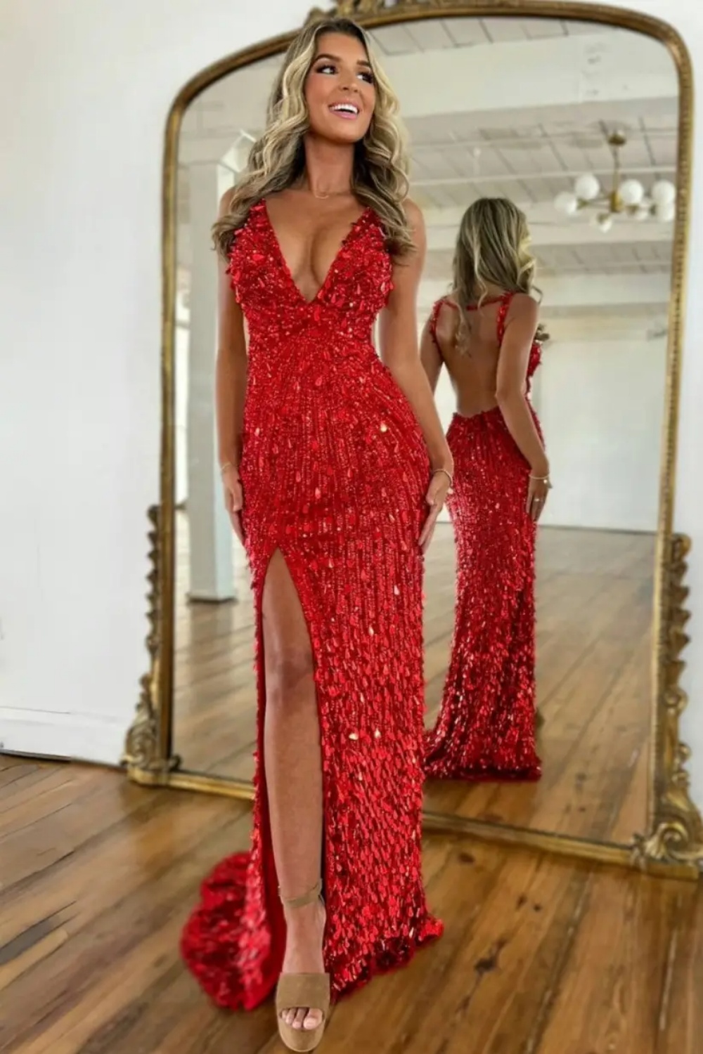 Sparkly Gold V-neck Long Mermaid Sequined Corset Prom Dress