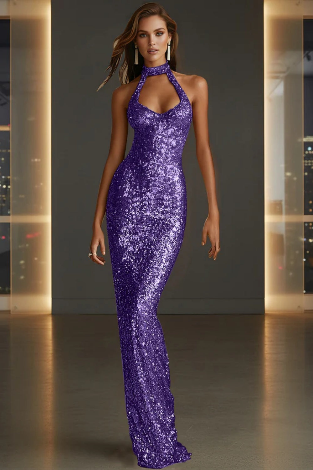 Cocosbride Sparkly Halter Sleeveless Mermaid Sequined Prom Dress