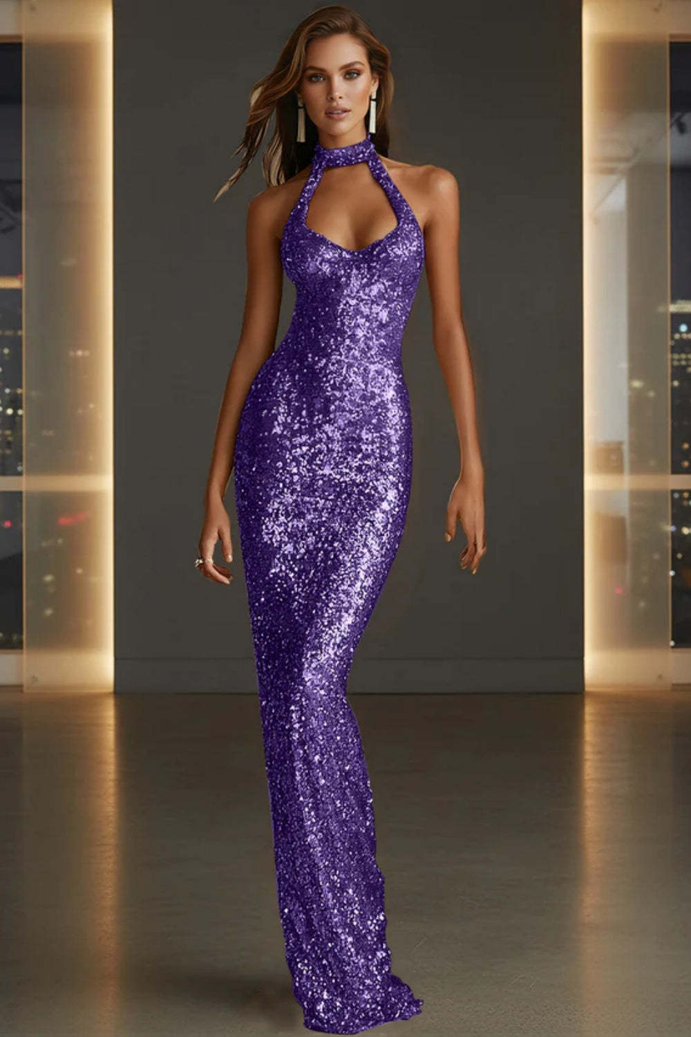 Cocosbride Sparkly Halter Sleeveless Mermaid Sequined Prom Dress