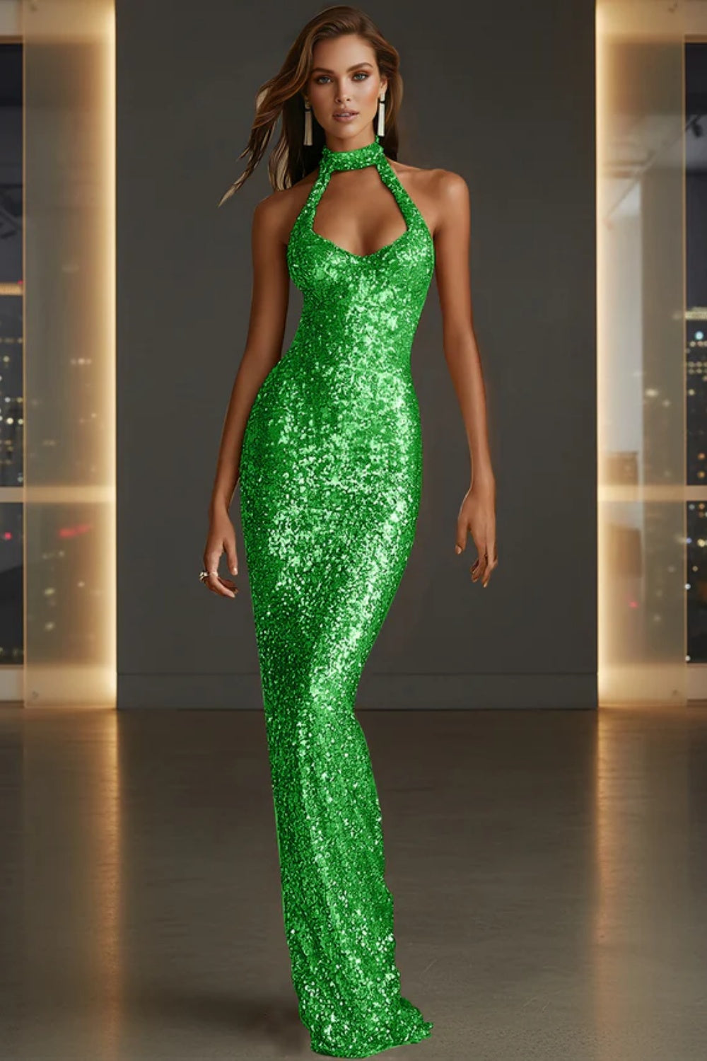 Cocosbride Sparkly Halter Sleeveless Mermaid Sequined Prom Dress