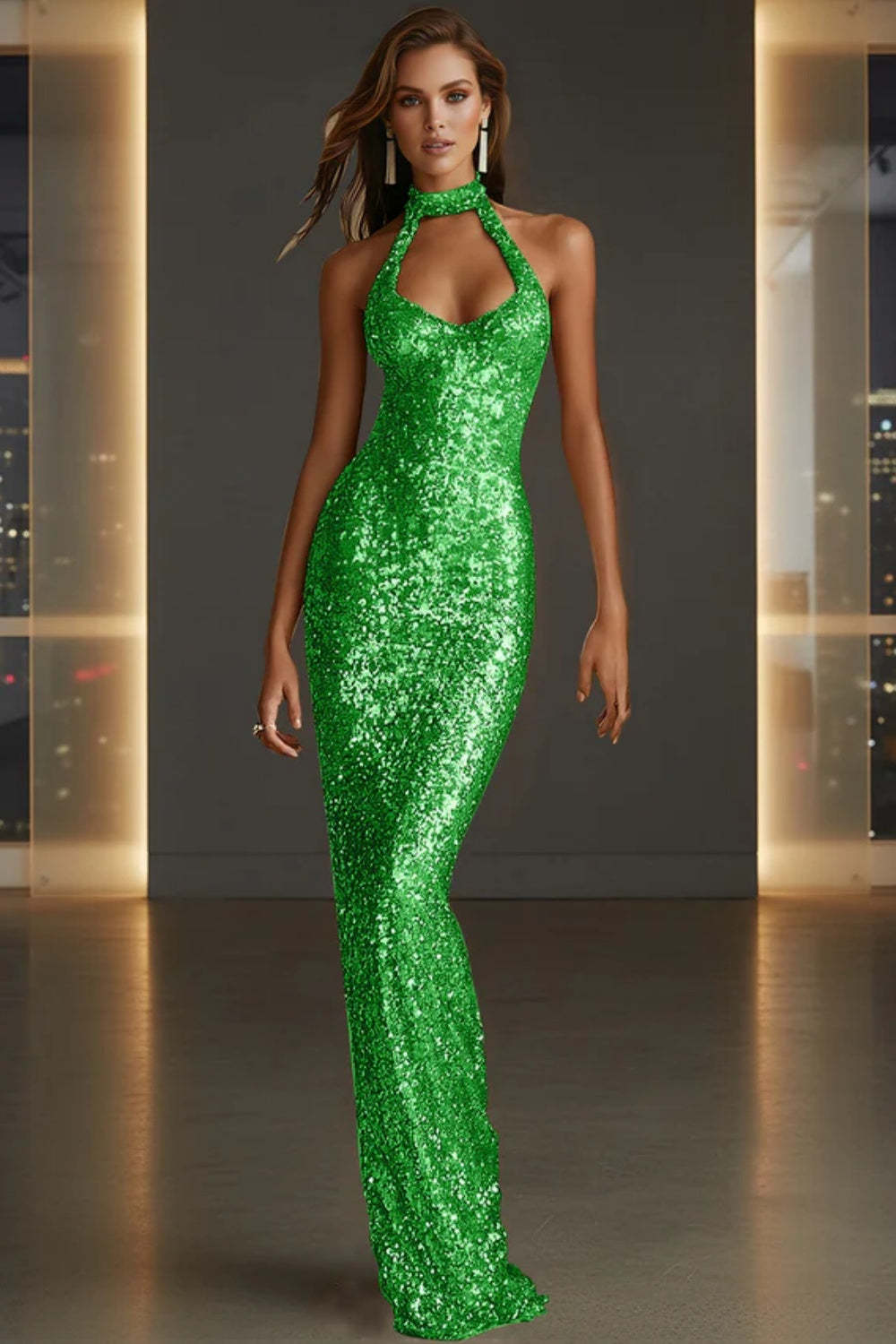 Cocosbride Sparkly Halter Sleeveless Mermaid Sequined Prom Dress