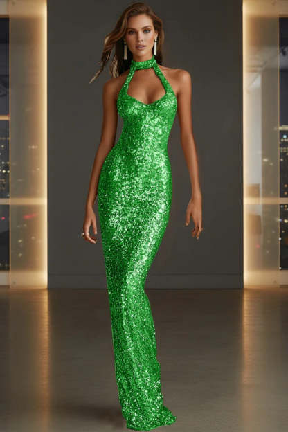 Cocosbride Sparkly Halter Sleeveless Mermaid Sequined Prom Dress