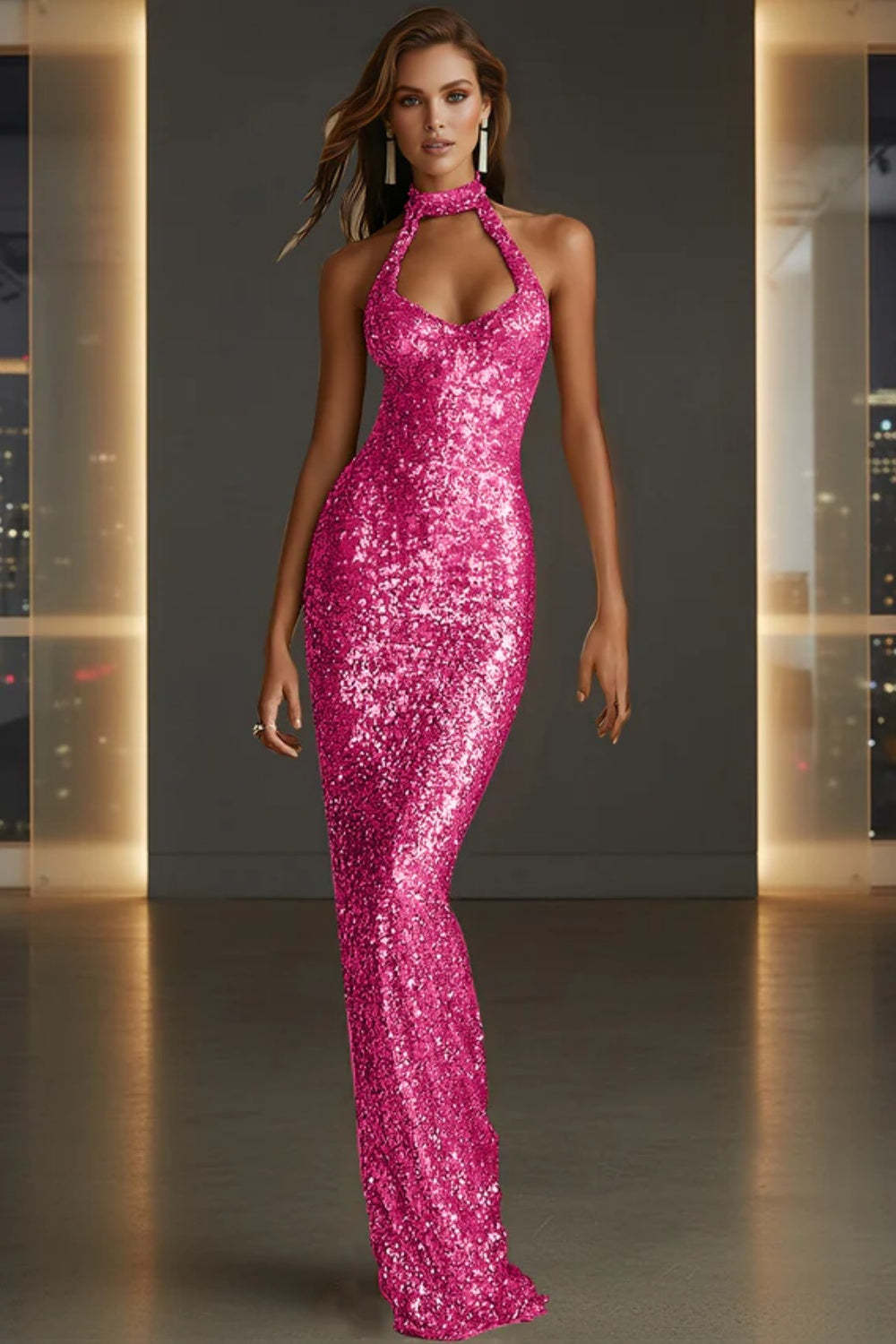 Cocosbride Sparkly Halter Sleeveless Mermaid Sequined Prom Dress