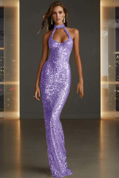 Cocosbride Sparkly Halter Sleeveless Mermaid Sequined Prom Dress