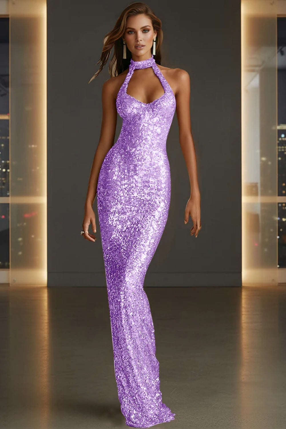 Cocosbride Sparkly Halter Sleeveless Mermaid Sequined Prom Dress