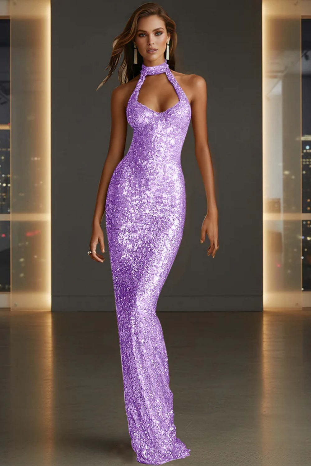 Cocosbride Sparkly Halter Sleeveless Mermaid Sequined Prom Dress