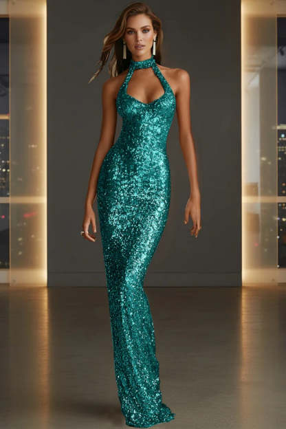 Cocosbride Sparkly Halter Sleeveless Mermaid Sequined Prom Dress