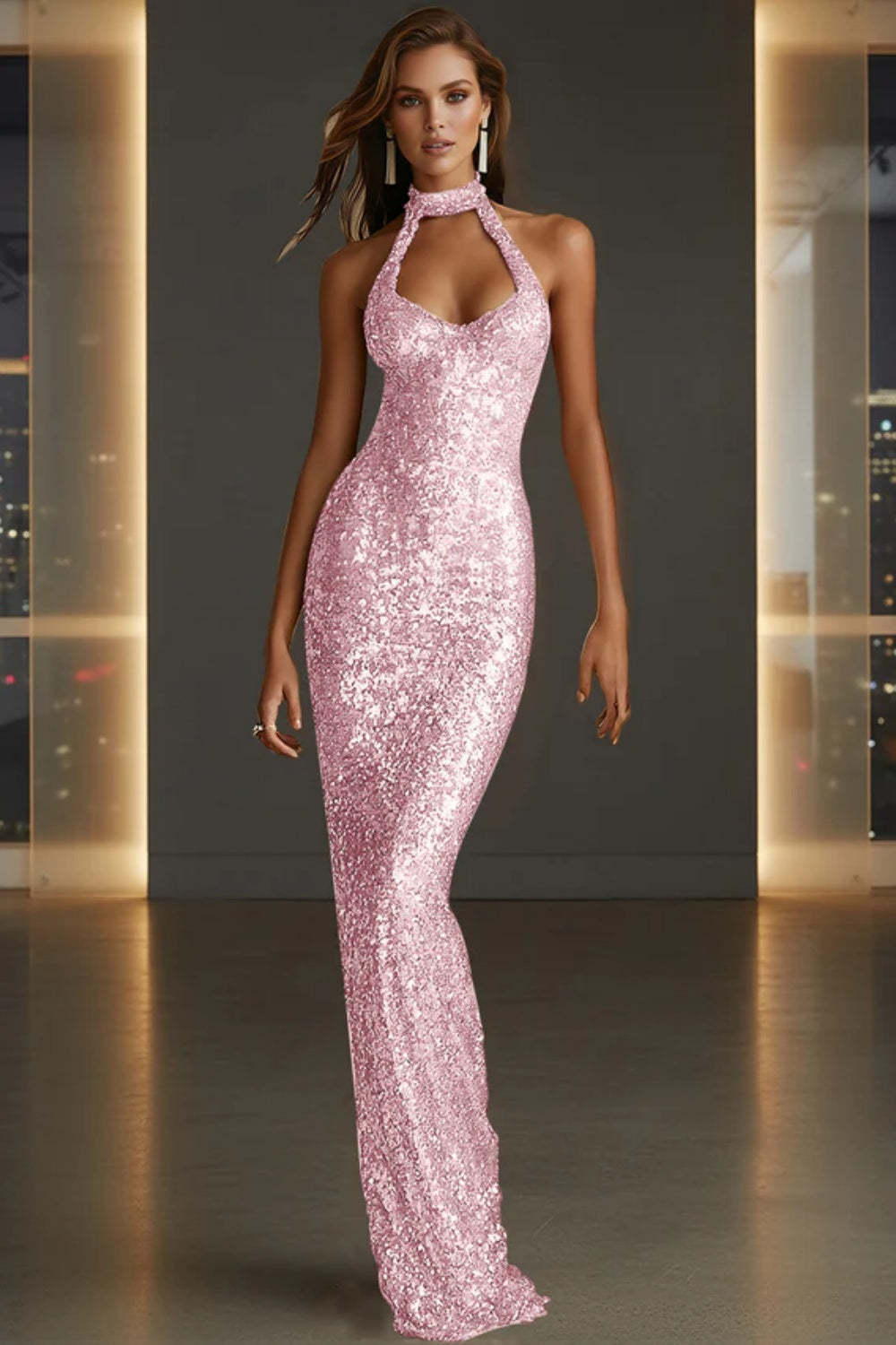 Cocosbride Sparkly Halter Sleeveless Mermaid Sequined Prom Dress